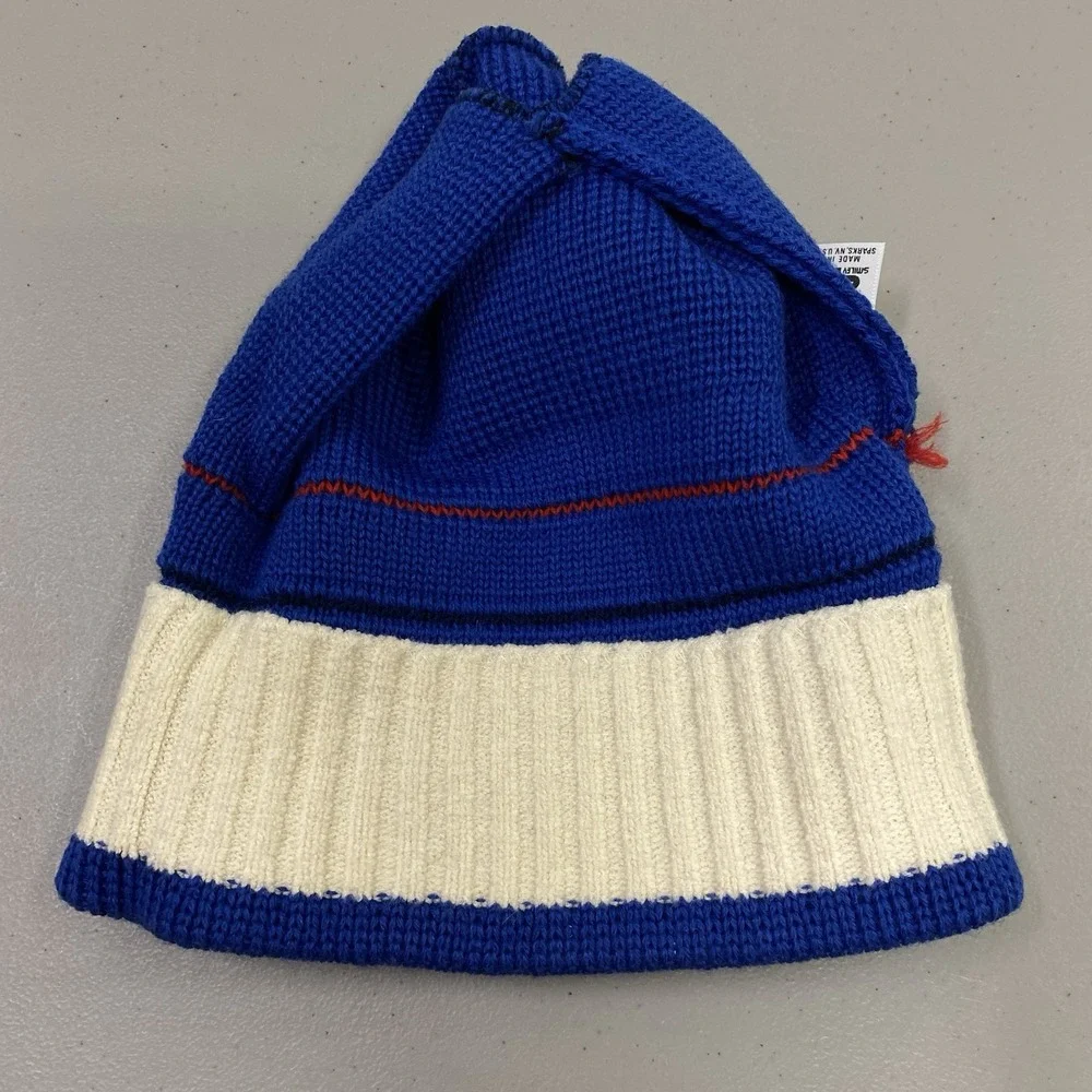 Vintage Smiley Ski Beanie 100% Wool Blue Striped‎ Knit Hat Lycra Headband USA